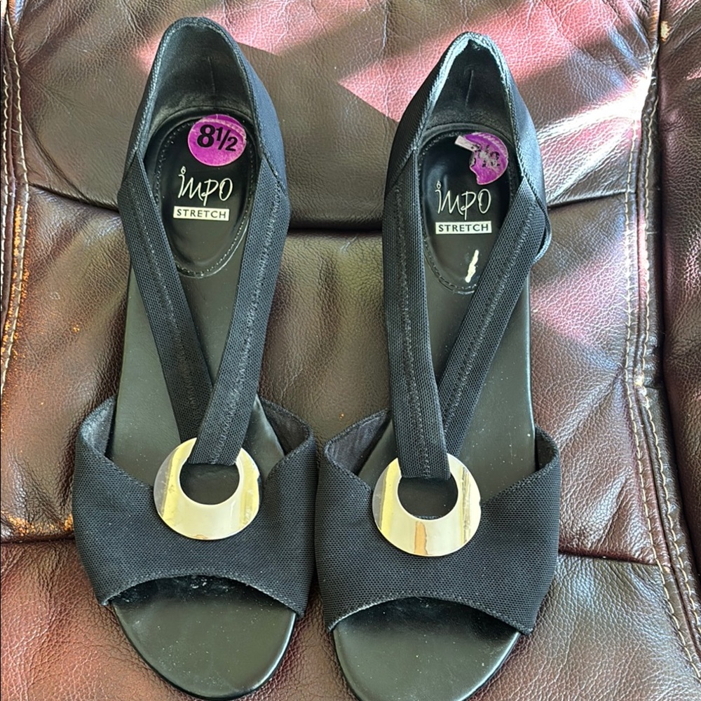 Impo Black Stretch Sandals with Gold Accent